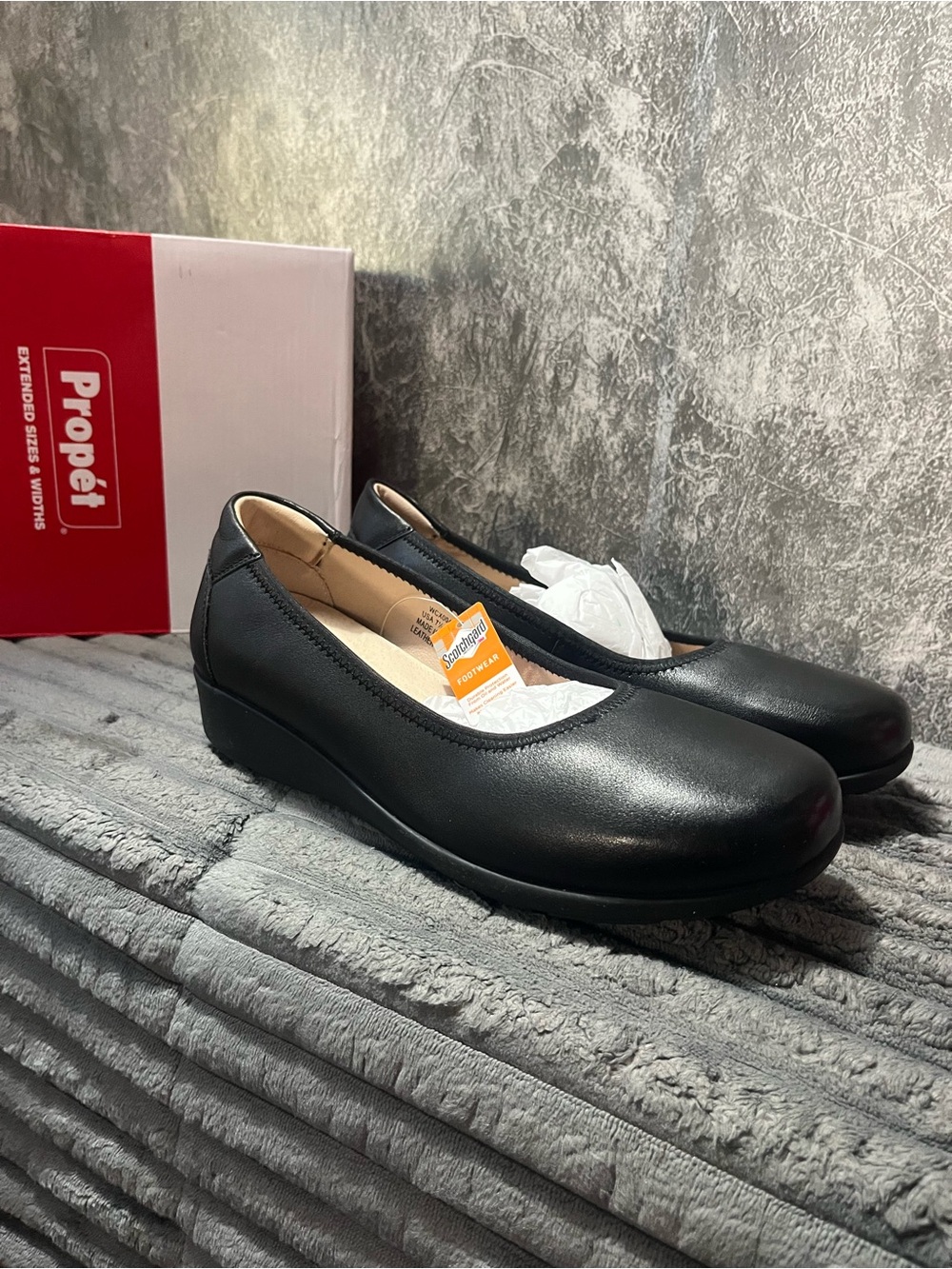 Propet Black Leather Slip-On Comfort Wedge Flats